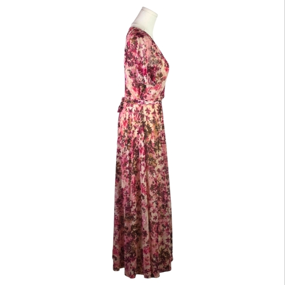 Kate and Lily Floral Chiffon Maxi Dress Pink Burgundy Belted Size 8P - Picture 3 of 7